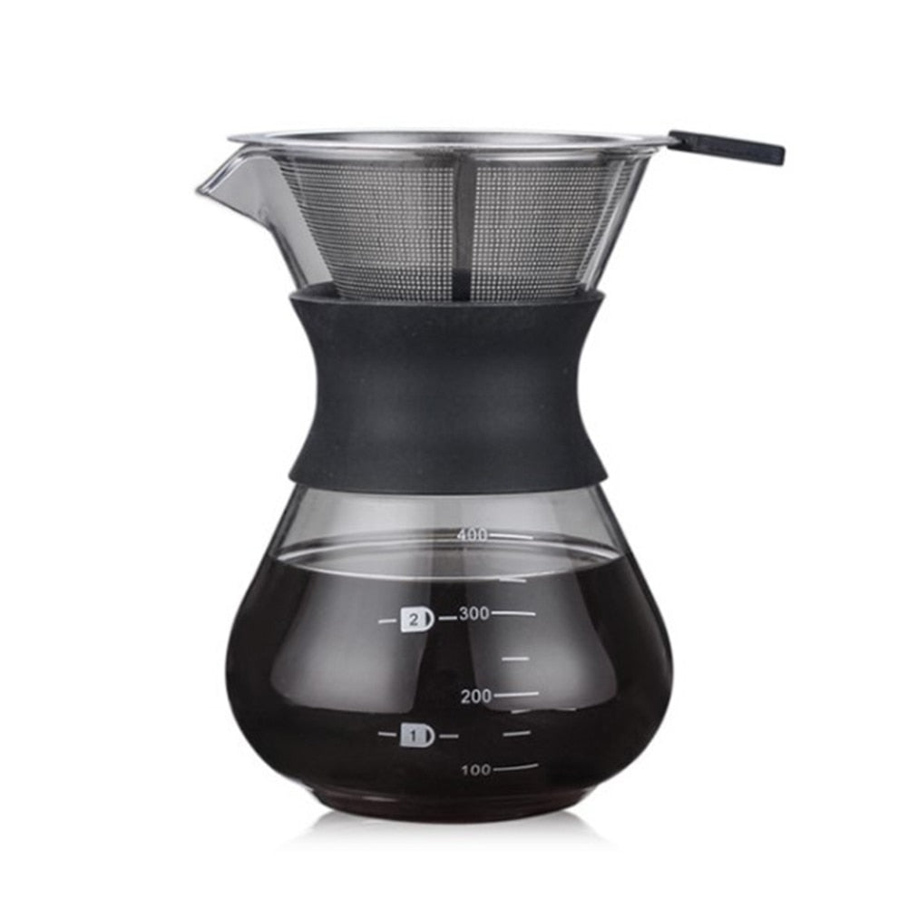 One-piece pour over coffee pot with stainless drip filter