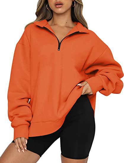 Women's Pullover Sweatshirt With Turndown Collar & Zipper Accent