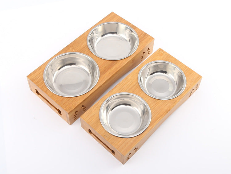 Dog or Cat Food & Water Bowls W/ Bamboo Stands