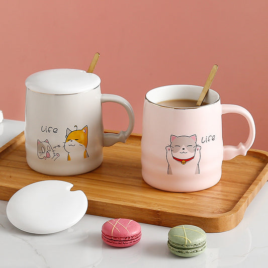 "Life" Cat Desig Ceramic Coffee Mug With Lid Spoon