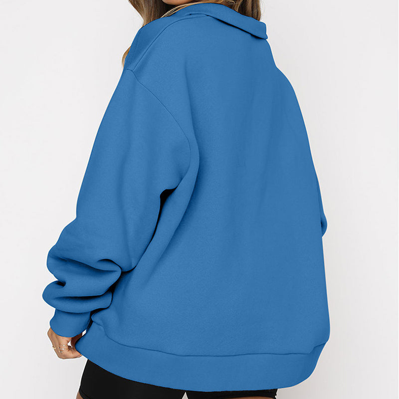Women's Pullover Sweatshirt With Turndown Collar & Zipper Accent