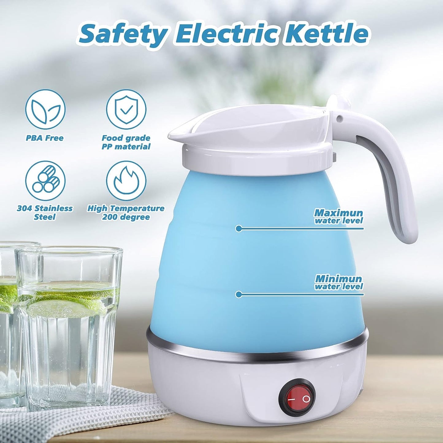 20 oz max (600ml) Foldable Electric Kettle, Camping Kettle, Mini Travel Kettle