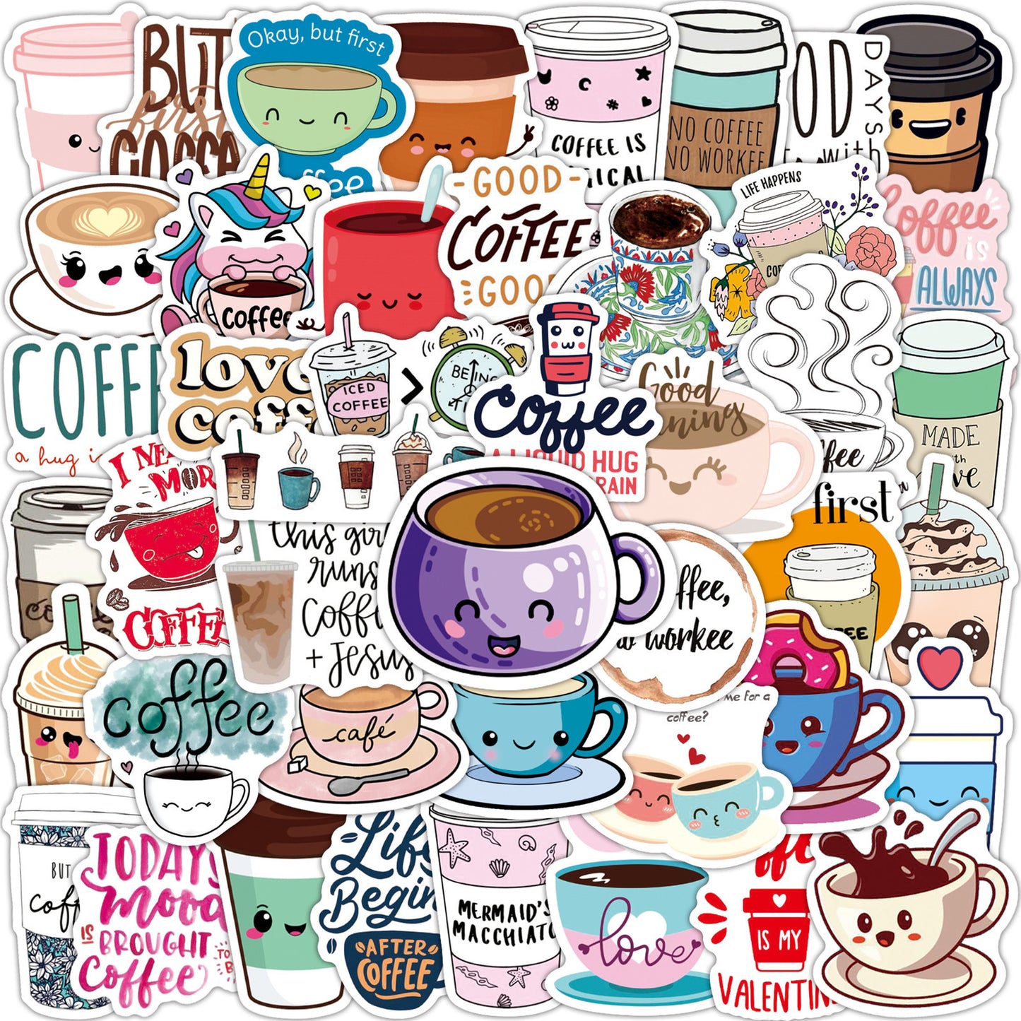 New Cartoon Coffee Doodle Stickers (50 stickers)