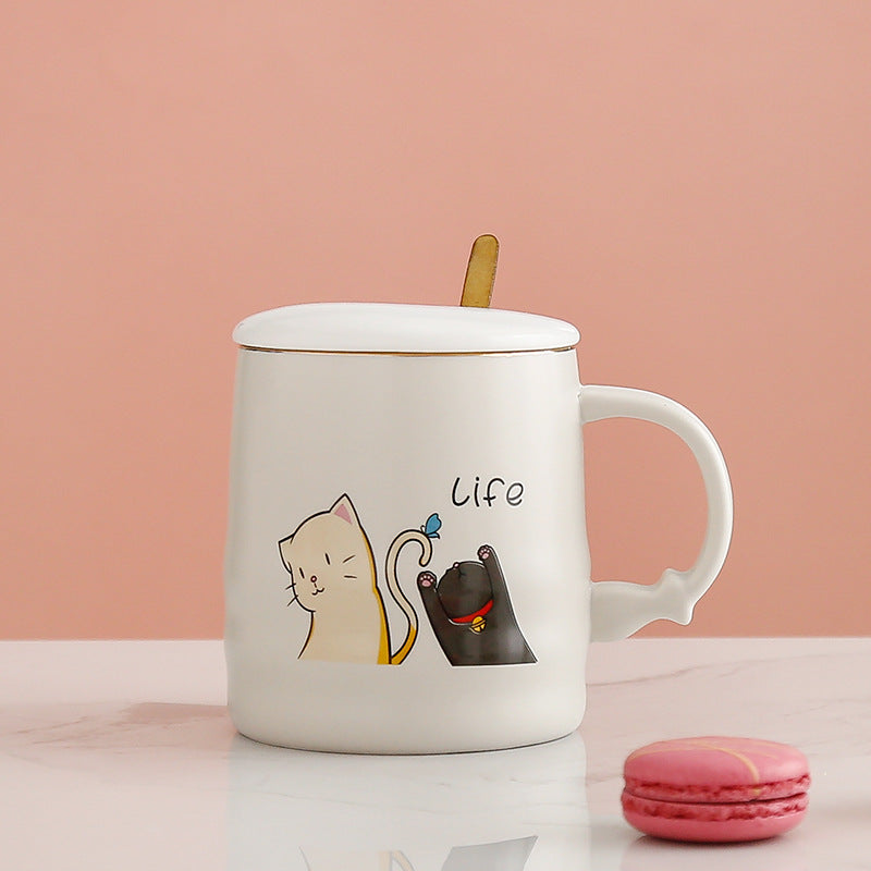 "Life" Cat Desig Ceramic Coffee Mug With Lid Spoon